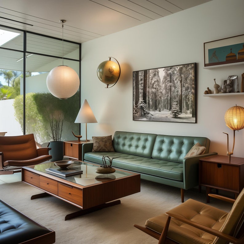 K&ouml;nnte beinhalten: Ein Wohnzimmer im Stil der Mid-Century Modern mit einem gr&uuml;nen Ledersofa, einem Holz-Couchtisch und einer Globuslampe. Der Raum ist mit einem gerahmten Druck eines verschneiten Waldes und einer Globuslampe dekoriert.