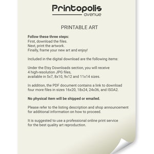 K&ouml;nnte beinhalten: Anleitung f&uuml;r druckbare Kunst mit wei&szlig;em Hintergrund und schwarzem Text. Der Text erkl&auml;rt, dass der digitale Download vier hochaufl&ouml;sende JPG-Dateien in den Gr&ouml;&szlig;en 5x7, 8x10, 9x12 und 11x14 Zoll sowie vier weitere Dateien in den Gr&ouml;&szlig;en 16x20, 18x24, 24x36 und ISOA2 enth&auml;lt. Der Text besagt auch, dass kein physischer Artikel versandt oder per E-Mail versendet wird.