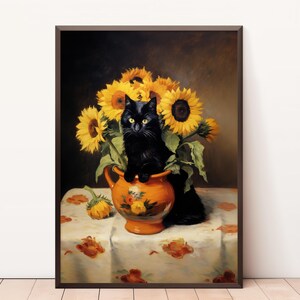 Impressionist Sunflowers Cat Print, Impressionist Flowers Cat Poster, Black Cat Art, Floral Print, Cat print, Cat gift, Home decor Poster