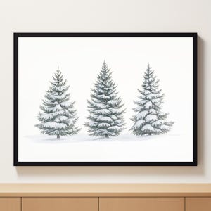 Impresión de árboles nevados de invierno, impresión de árboles de Navidad, arte de pared de invierno de árboles de hoja perenne, póster, pintura de paisaje de invierno, arte de pared imprimible de invierno