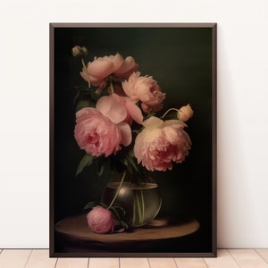 Rosa Pfingstrosen Poster | Stimmungsvoller Vintage Blumendruck | Dunkles Blumen Stillleben Ölgemälde | DRUCKBAR Digitale antike Kunst