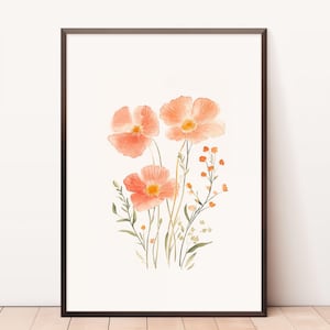 Vintage Style Floral Print, Flower Printable Wall Art, Botanical Print, Watercolour Pink Poppy Wildflower Painting, Girls Nursery Wall Decor