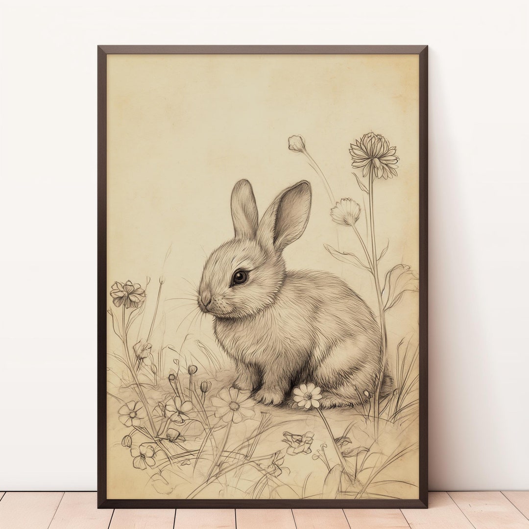 Rabbit Pencil Drawing | Vintage Country Art | Bunny Sketch | Sepia Tone ...