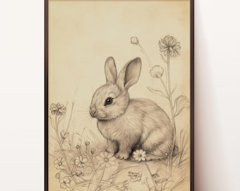 Rabbit Pencil Drawing | Vintage Country Art | Bunny Sketch | Sepia Tone Easter Art | Spring Bedroom Art Print | Printable Digital Download