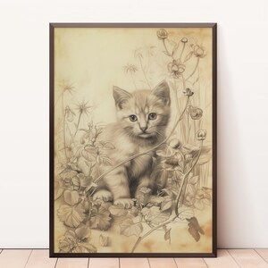 Kitty in Wildblumen Bleistiftzeichnung, Vintage Landkunst, Kätzchen Skizze, Gartenkatze Druck, Blumen Katze Poster, druckbare digitaler Download
