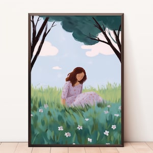Girl Sitting under Trees Painting, Modern Flowers Print, Romantic Illustration, Meadow Poster, Minimal Prints, Mid-century Illustration