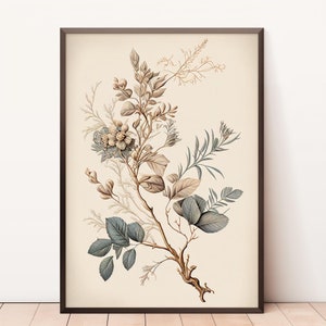 Vintage botanische schets | Woondecoraties | Verticale bloemtekening | Downloadbare afdruk | Schetskunst neutrale tak | Waterverfschilderij