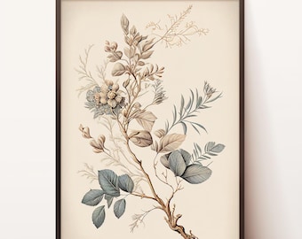 ヴィンテージ植物スケッチ | ホームデコレーション | 縦向きの花の絵 | ダウンロード可能なプリント | ニュートラルな枝のスケッチアート | 水彩画