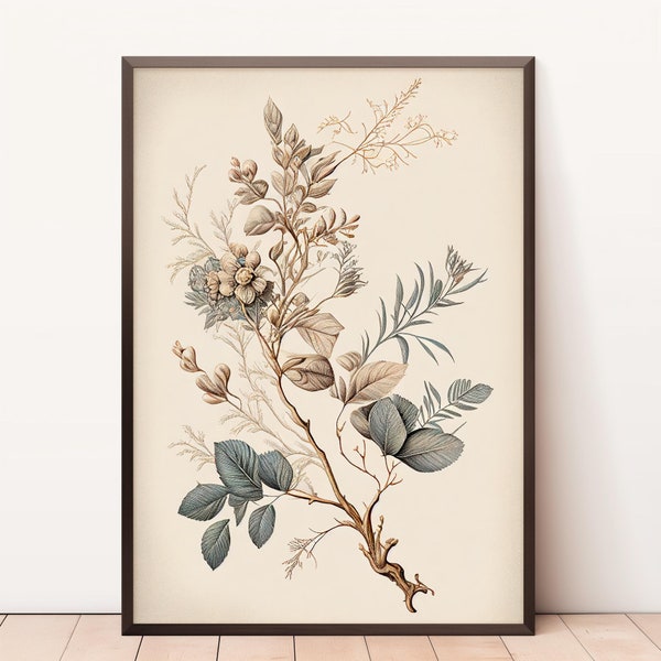 Vintage Botanical Sketch | Home Decor | Vertical Flower Drawing | Downloadable Print | Neutral Branch Sketch Art | Watercolor Painting