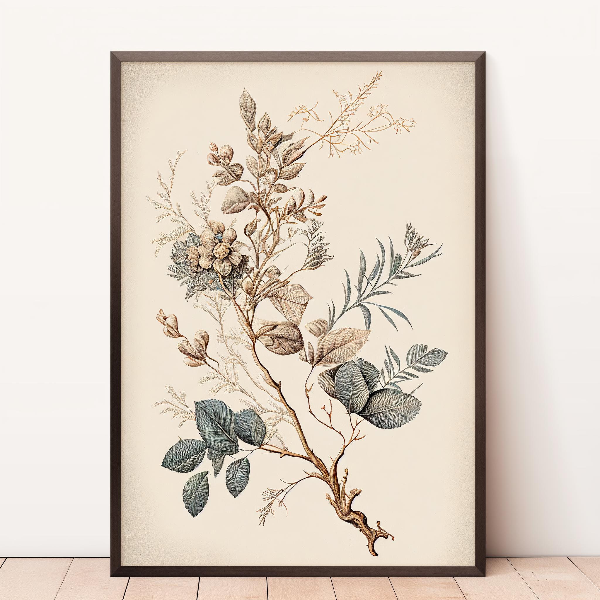 Vintage Botanical Sketch Home Decor Vertical Flower Drawing Downloadable Print Neutral Branch Sketch Art Watercolor Painting Etsy
