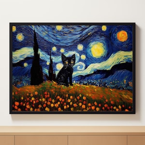 Nacht Katze Print, Katzen Poster, Schwarze Katze Kunst, Katzen Druck, Katzen Geschenk, Wohndekor Poster