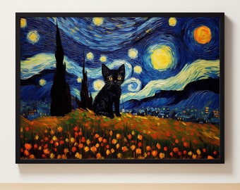 Night Cat Print, Cat Poster, Black Cat Art, Cat print, Cat gift, Home decor Poster