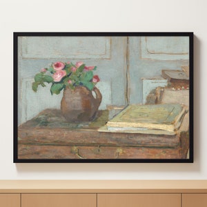 Flower Pot and Sketch Book | Flower Still Life | Vintage Vase Painting | Neutral Farmhouse Decor DIGITAL PRINTABLE