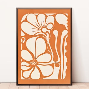 Imprimé floral orange, botanique abstrait, impression au pochoir, art mural imprimable, estampes en terre cuite, art imprimable bohème, minimaliste bio