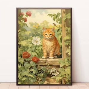 Garden Cat Print, Flowers Cat Poster, Red Cat Art, Floral Print, Cat print, Cat gift, Home decor Poster