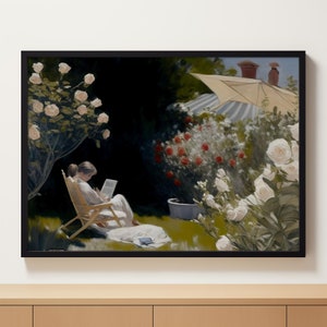 French Country Garden Vintage Painting | Country Decor | French Decor | Woman Reading Print | Woman Reading A Book | Garden Print