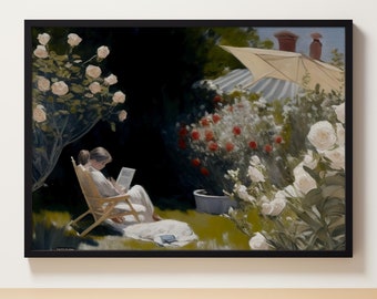 Peinture vintage de jardin de campagne française | Décoration champêtre | Décoration française | Femme lisant Impression | Femme lisant un livre | Impression jardin