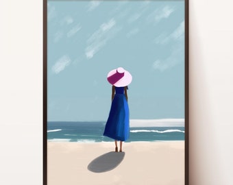 Woman and Sea Print, Woman on a Beach Painting, Digital Painting, Boho Minimal Wall Decor, Symbolic Illustration, Seascape Illustration