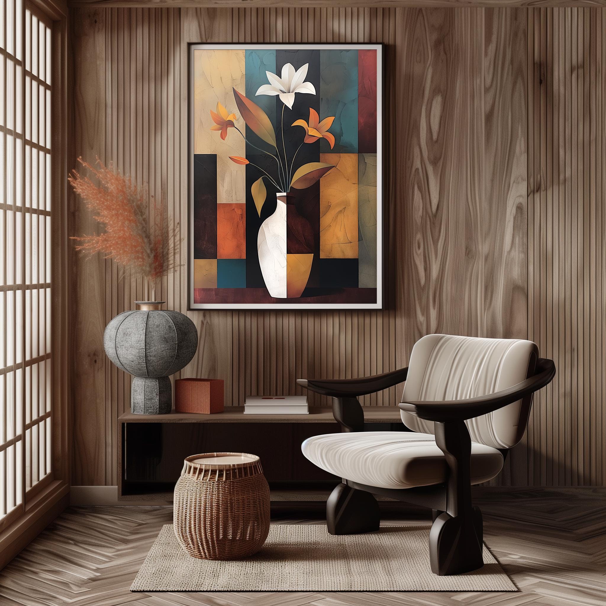Flowers in a White Vase Print, Vintage Abstract Botanical Wall Art ...