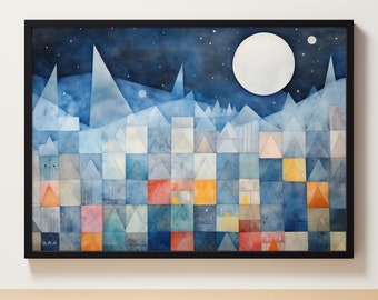 Paisaje de invierno / Pintura de paisaje nocturno nevado / Escena de invierno / Arte de pared de Navidad / Pinos de nieve / Impresiones navideñas / Arte abstracto