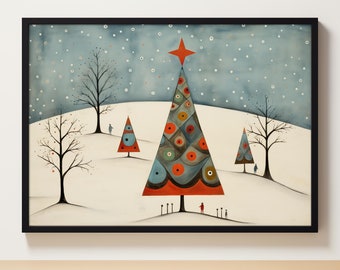 Printable Vintage Christmas Tree Print, Moody Winter Wall Art, Farmhouse Christmas Decor, Christmas Tree Painting, Digital Download