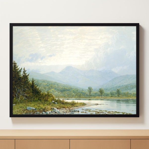 New Hampshire Mountain Sunset Print | Rustic Mountain Landscape Painting | Vintage Cabin Print | Study Decor PRINTABLE