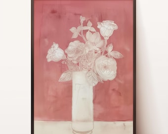 White Flowers in a Vase | Vintage Floral Abstract Wall Art | Muted Pink Botanical Printable Wall Decor | Antique Botanical Downloadable Art