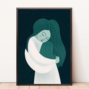 Mädchen umarmt Mama Poster, Sternenhimmel Malerei, flaches Poster, Boho Minimal Wand Dekor, Kindliche Illustration, Minimalistisches Portrait