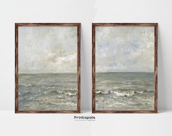 Vintage Coastal Paintings SET of Two | Muted Seascape Wall Art Decor | PRINTABLE Downloadable