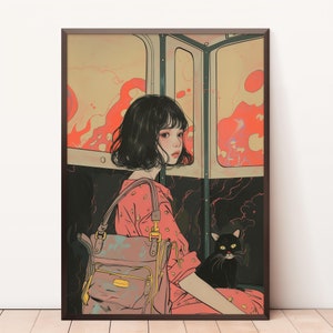 Impression fille dans un métro, affiche de chaton noir, illustration japonaise, affiche d'art mural japonais manga Otaku, impression Neopop, dessin animé