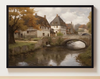 Stampa del ponte vecchio / Pittura di campagna vintage / Stampa rustica del villaggio europeo / Arte della campagna francese /Arte della città vecchia / Digitale STAMPABILE