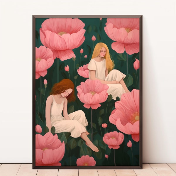 Girls on Pink Flowers Print, Dream Illustration, Surrealism Print, Boho Minimal Wall Decor, Warm Color Palette Art, Romantic Portrait Art