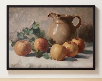 May include: A still life painting of a brown ceramic pitcher and five apples. The pitcher is in the center of the painting, and the apples are arranged around it. The apples are a mix of yellow and red, and they are all slightly bruised. The background of the painting is a light brown.