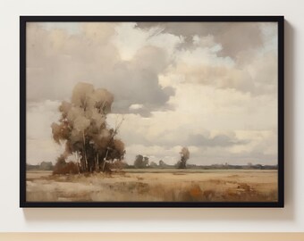 May include: A framed painting of a landscape with a cloudy sky and a field of tall grass. There are a few trees in the foreground, and the horizon is in the distance.