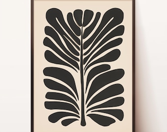 Palmbladprint, organische vormen, humeurige botanische kunst, grote abstracte print, abstracte botanische, neutrale botanische beige zwarte muurkunst