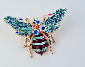 Big Bee Enamel Brooch Pin ~ Blue Pink Purple Enamel Flowers Gold Brooch Pin ~ Gift for Insect Lovers ~ Entomological Brooch Pin