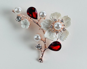 Cherry Blossom Sakura Brooch ~ Bridesmaid Dress Brooch ~ White Red Gold Crystal Rhinestone Pearl Brooch