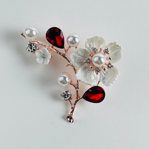 Cherry Blossom Sakura Brooch ~ Bridesmaid Dress Brooch ~ White Red Gold Crystal Rhinestone Pearl Brooch