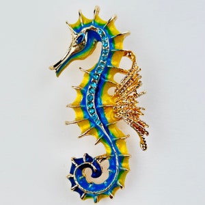 Marine Sea Life Crystal Enamel Pearl Sea Horse Brooches Pins ~ Blue Green Crystal Brooches Pins ~ Marine Sea Animals Brooches Pins