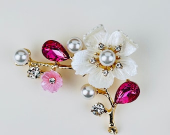 Flower Cherry Blossom Sakura Brooch ~ Bridesmaid Dress Brooch ~ White Pink Gold Crystal Rhinestone Pearl Brooch