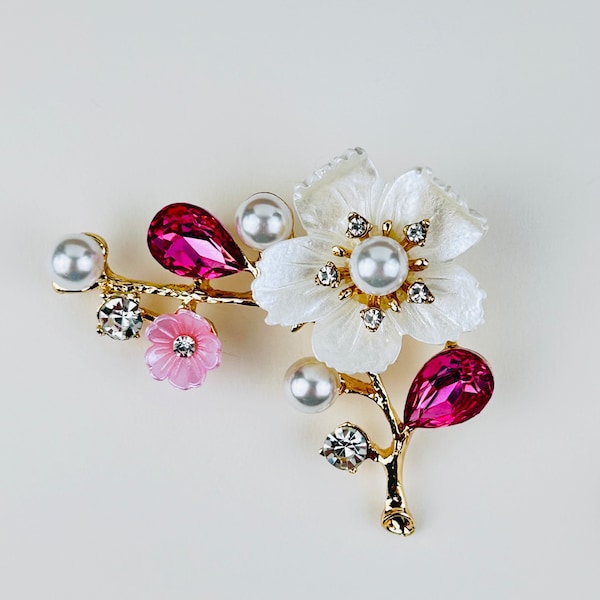 Flower Cherry Blossom Sakura Brooch ~ Bridesmaid Dress Brooch ~ White Pink Gold Crystal Rhinestone Pearl Brooch