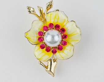 Yellow Flower Brooch Pin ~ Pink Crystals Gold Yellow Enamel Pearl Brooch