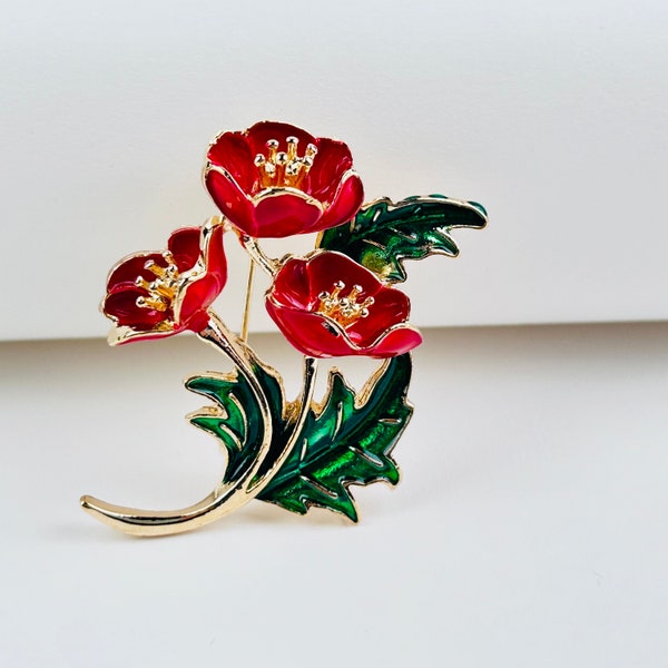 Red Poppy Flowers Brooch Pin ~ Red Gold Green Enamel Brooch Pin ~ Gift for Poppy Lover
