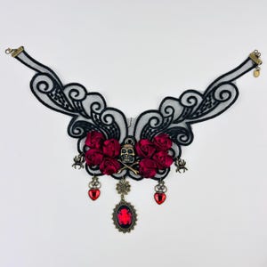 Halloween Gothic Black Lace Choker ~ Vampire Dark Black Lace Blood Roses Collar Choker