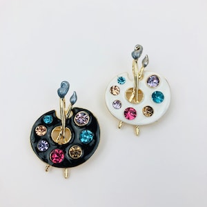 Paint Palette Enamel Brooch Pin ~ White Black Rhinestones Pin Brooch ~ Best Gift for Artist Girl
