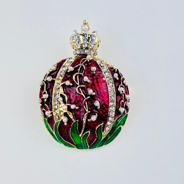 Elegant Pomegranate and Lily of the Valley Pearl Enamel Crown Brooch Pin in Faberge Egg Style