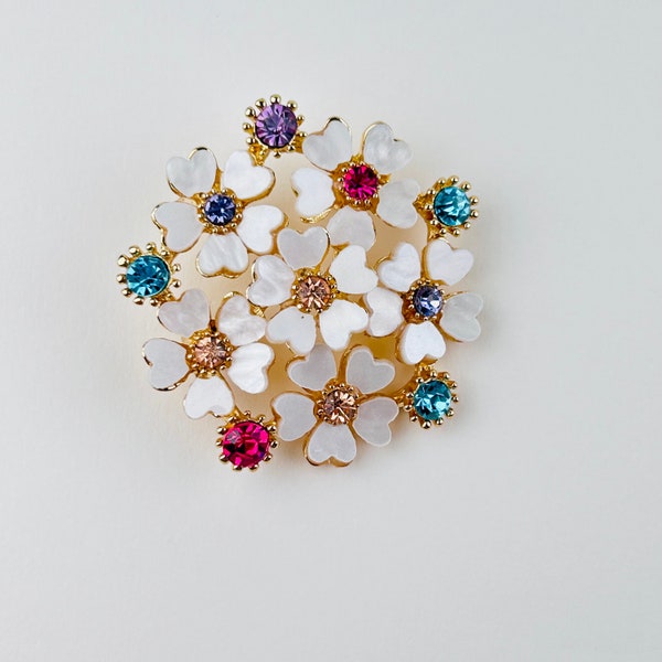 White Flower Brooch Pin ~ Bridesmaid Dress Brooch ~ White Blue Gold Pink Crystal Rhinestone Brooch