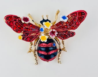 Big Bee Enamel Brooch Pin ~ Red Black Enamel Flowers Gold Brooch Pin ~ Gift for Insect Lovers ~ Entomological Brooch Pin