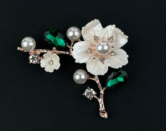 Cherry Blossom Sakura Brooch ~ Bridesmaid Dress Brooch ~ White Green Gold Crystal Rhinestone Pearl Brooch