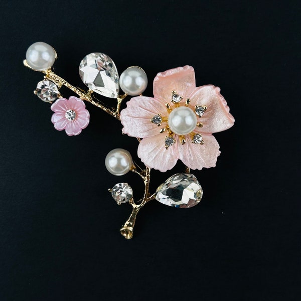 Flower Cherry Blossom Sakura Brooch ~ Bridesmaid Dress Brooch ~ Pink Gold Crystal Rhinestone Pearl Brooch